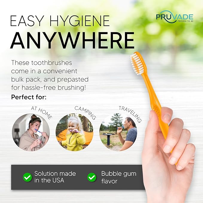Pruvade 100 Pack Disposable Toothbrushes with Toothpaste Built in | Premium Quality Prepasted Toothbrushes Individually Wrapped - Waterless Toothbrush Soft Bristles for Work, Camping, Travel, Hotel