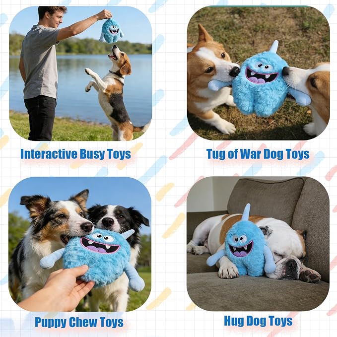 Monster Stuffed Squeaky Dog Toy, Crinkle Dog Plush Toy, Light Blue | Soft Lightweight Toy for Fetch and Chew, Interactive Outdoor Indoor Play for Tug, Birthday Gift, For Puppy Small Medium Dog