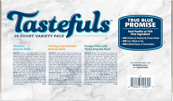 Blue Buffalo Tastefuls Variety Pack Paté Wet Cat Food, 5.5 oz, 24 ct | Chicken, Turkey & Chicken, Ocean Fish & Tuna Entrées (8 of Each), Paté Style