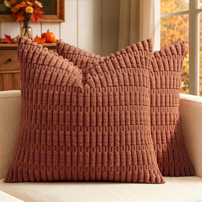 MIULEE Fall Euro Corduroy Decorative Throw Pillow Covers 22x22 Dark Rust | Pack of 2 Sham Terracotta Soft Boho Striped Pillow Covers Modern Farmhouse Autumn Home Decor For Sofa Living Room Couch Bed