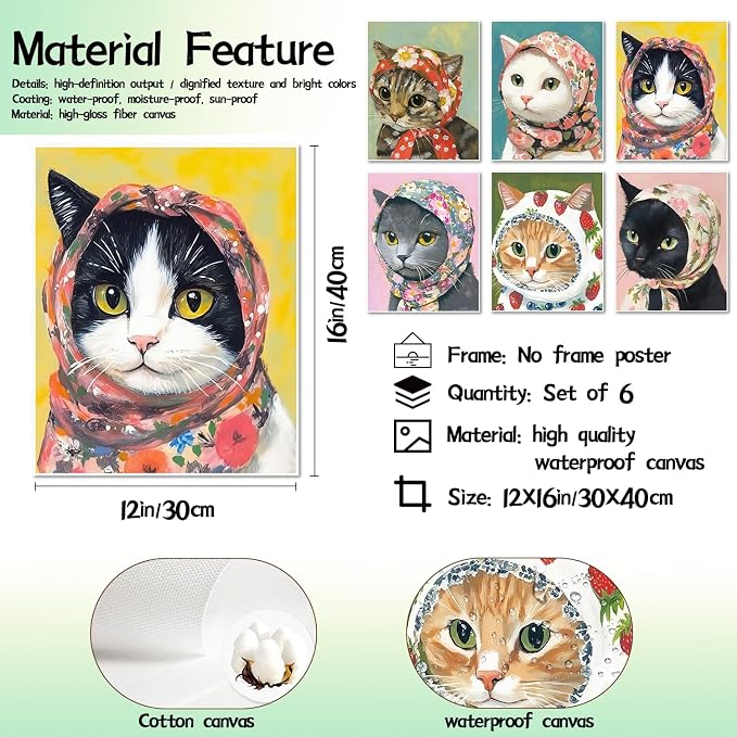 Funny Cat Poster Set of 6, Whimsical Babushka Cats Wall Art Eclectic Lover Cat Pictures Decor, Quirky Animal Pictures Canvas Painting Prints Aesthetic for Bedroom Living Room 12x16 inch Unframed