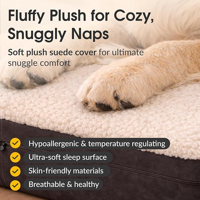 Jumbo Orthopedic Dog Bed - 7-inch Thick Memory Foam Pet Bed with Pillow with Removable Cover & Free Waterproof Liner - for Large Breed Dogs, XL, Brown-Plush Top