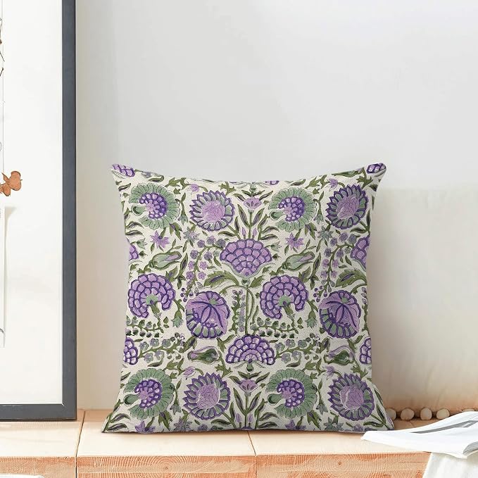 Block Print Pillow Covers 18x18 Inch Pack Of 2 Boho Purple Green Floral Decor Throw Pillow Covers Spring Summer Flower Pillowcase Outdoor Farmhouse Decorative Cushion Cover for Home Couch Sofa