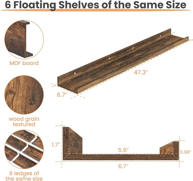 upsimples Floating Shelves for Wall Decor and Storage, Brown, 6Pcs 47.3'' | Wall Mounted Wood Shelves for Living Room, Bedroom, Kitchen, Office, Hallways Display and Organize Photos