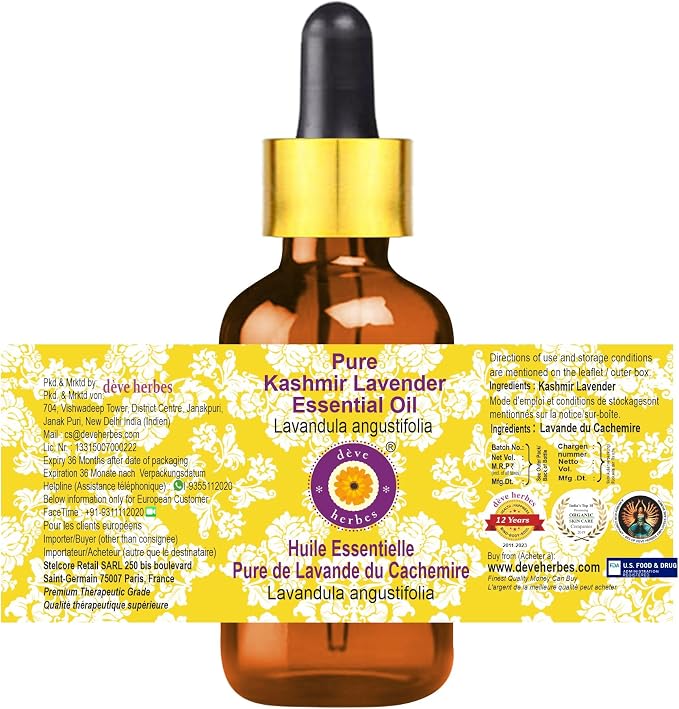 Deve Herbes Pure Kashmir Lavender Essential Oil (Lavandula angustifolia) with Glass Dropper Steam Distilled 100ml (3.38 oz)