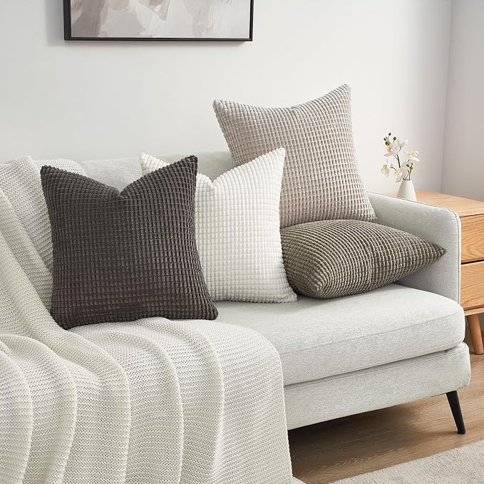 Topfinel Neutral Grey Throw Pillows Covers for Couch Living Room,Boho Corduroy Striped Grey Cushion Covers Holiday 4 Packs, Nordic Cushion Case-Vintage Fluffy Large Bedroom Shams 18x18 Inch Set of 4