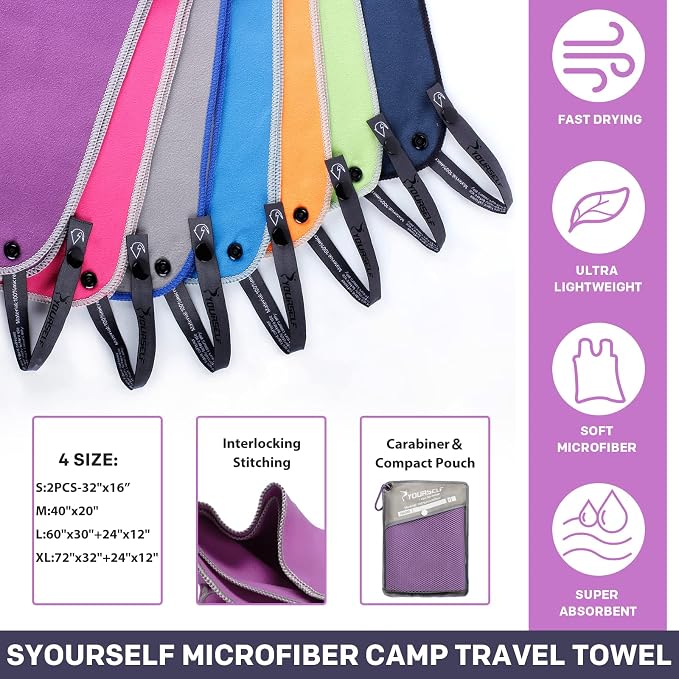 SYOURSELF Microfiber Camping Towel, Quick Dry Towel, Soft Absorbent Compact Travel Gym Workout Sweat Towel for Beach Yoga Swim Travel Camping Hiking Backpack Essentials (M:40"x20")