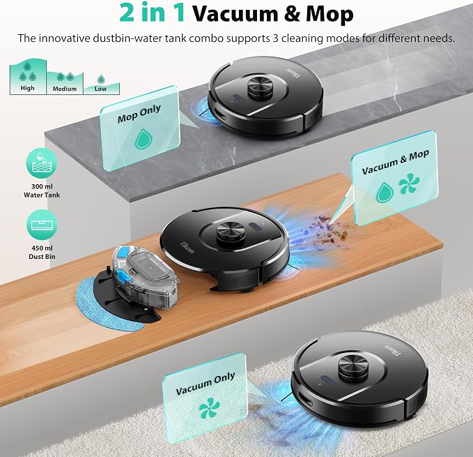 Tikom Robot Vacuum and Mop, Robotic Vacuum Cleaner with Self-Emptying Base | 6000Pa, 90 Days Capacity, LiDAR Navigation, Home Mapping, Ideal for Pet Hair, Hard Floors, Carpet (L8000 Plus)