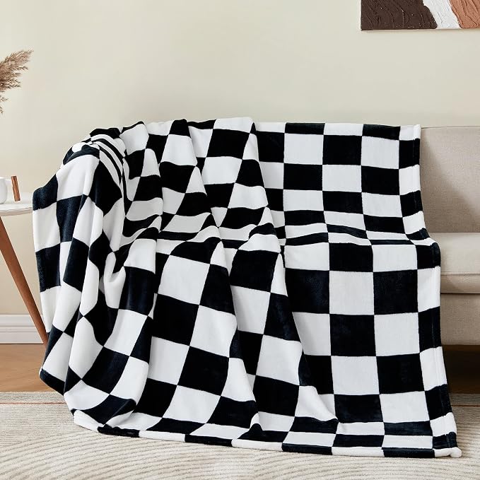 BEDELITE Plaid Fleece Throw Blanket, Black & White Checkered 50x60 Throw | 100% Polyester Microfibe, Soft, Lightweight, Warm, Classic Cherckerde Blanket, Room Decor, Machine Washable, for Couch Bed
