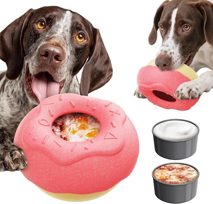 Dog Chew Toy for Aggressive Chewers, Freezable Lick Treat Dispenser, Stuffable Lick Toy, Interactive Enrichment, Long Lasting Puzzle Boredom Buster for Medium & Large Dogs - Pink Donut