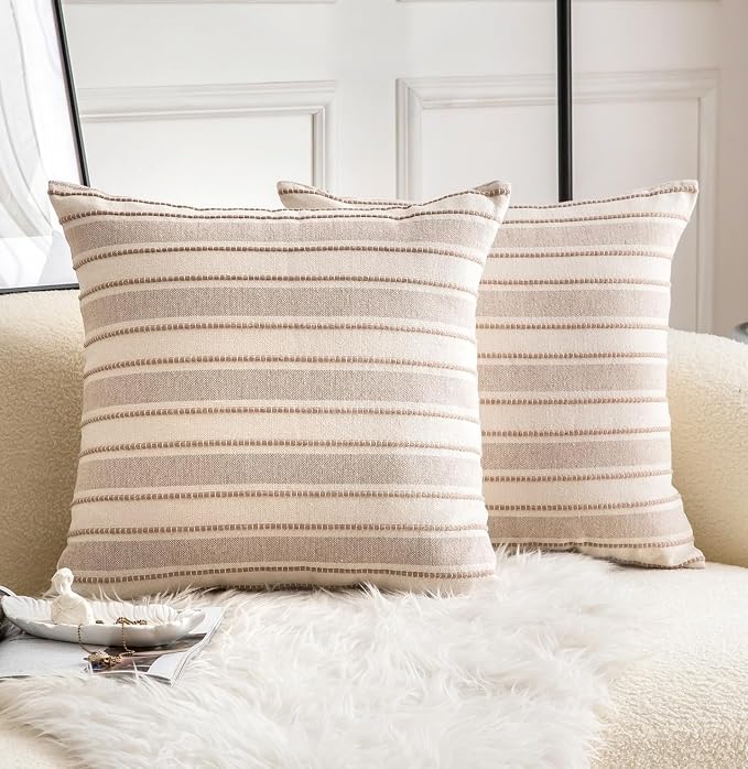 Cethom Decorative Boho Throw Pillow Covers, Farmhouse Textured Pillow Case, 18 x 18 Inch Set of 2, Chair Sofa Bedroom Living Room Home Decor Couch Cushion Case, Taupe and Beige Striped