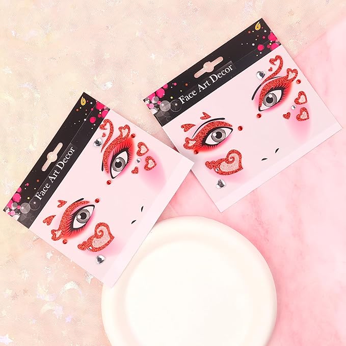 Valentine Face Gems Face Jewels Stickers Red Love Heart Lip Self Adhesive Eye Body Face Nail Hair Crystal Rhinestones for Makeup Festival Glitter Face Art Decor 2Sheets (style4)