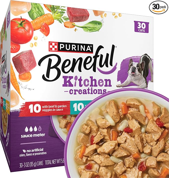 Purina Beneful Kitchen Creations Wet Dog Food Variety Pack, (30) 3 oz Cans | Real beef, chicken or lamb with vegetables, grains, and pasta, bite-sized tender chunks in a savory sauce