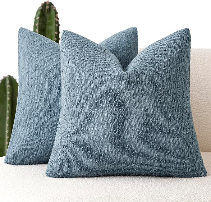 Foindtower Pack of 2, Decorative Textured Boucle Throw Pillow Covers Accent Solid Pillow Cases Cozy Soft Couch Cushion Case for Chair Sofa Bedroom Living Room Home Decor 22x22 Inch Misty Blue