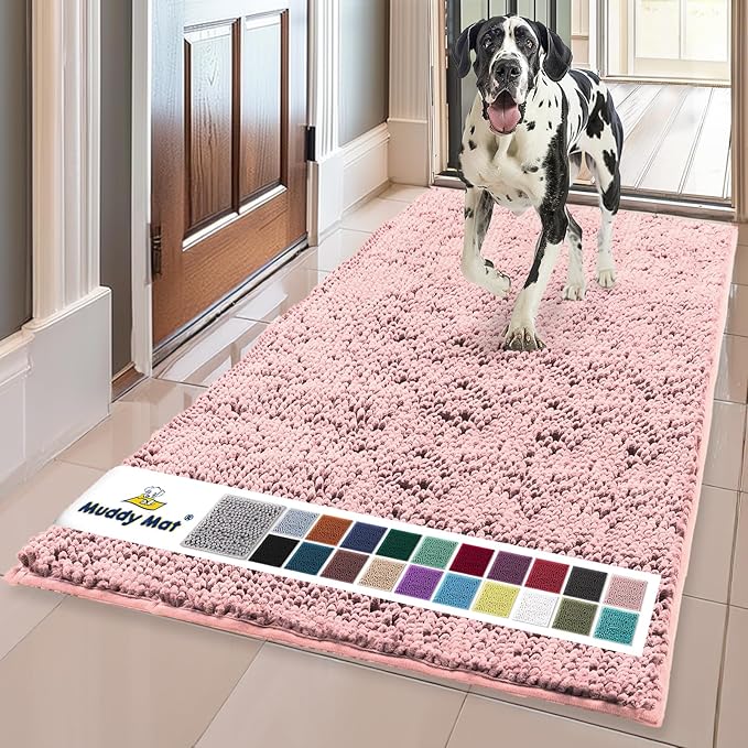 Muddy Mat® | Super Water Absorbent Door Mat Indoor, Microfiber Quick Dry Chenille Entryway Rug, Slip Resistant Front Door Mat, Indoor Mats for Entryway, Machine Washable Pet Rug, Light Pink 24" x 72"