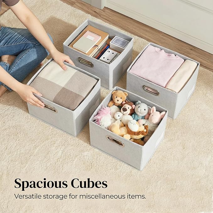 Storage Bins with Lids [3-Pack] Linen Fabric Foldable Storage Boxes Organizer Containers Baskets Cube with Cover for Bedroom Closet Office Beige（11.4X8.6X6.7