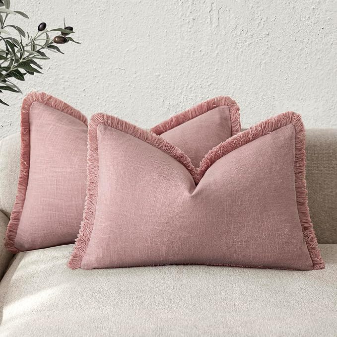 Foindtower Set of 2 Decorative Linen Fringe Lumbar Throw Pillow Covers Boho Farmhouse Cushion Cover with Tassels Soft Accent Pillowcase for Couch Sofa Bed Living Room Home Decor,12×20 Inch,Rose Pink