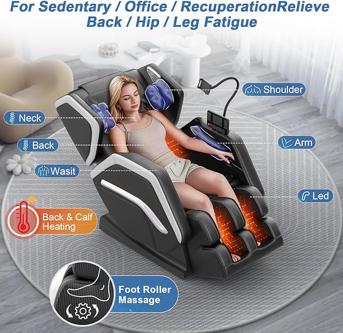 Massage Chair Full Body, Zero Gravity Massage Chair 2025 for Back Fatigue with 10 Fixed Rollers, Airbags, Heating, Phone Controller, Bluetooth Speaker, Nightlights for Living Room, Bedroom
