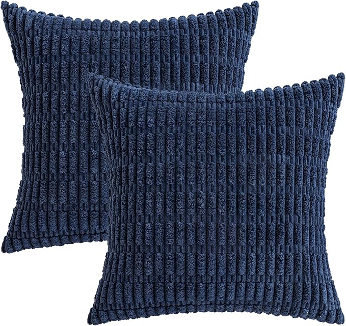 MIULEE Corduroy Decorative Throw Pillow Covers 12x12 Navy Blue Pack of 2 | Soft Boho Striped Pillow Covers Modern Farmhouse Coastal Home Decor For Sofa Living Room Couch Bed