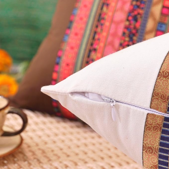 TAOSON Pack of 2 Brown & Red Stripe Patchwork Throw Pillow Covers 18x18 Inch - Bohemian Farmhouse Cushion Cases with Hidden Zipper for Sofa & Bedroom (Cover Only)