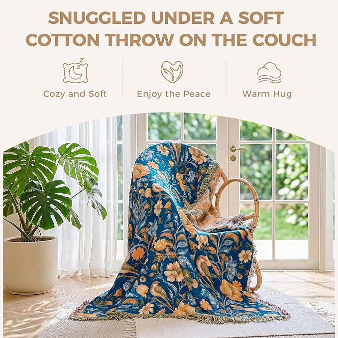 LUTBM Boho Throw Blanket for Couch 50"x60", Cotton Decorative Bed Throws | Blue Reversible Floral Birds Jacquard, All-Season Lightweight Soft Blankets, For Chair Sofa Bedroom Living Room, Home Decor