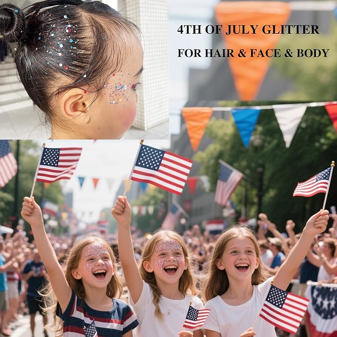 MEICOLY Red White and Blue Face Body Glitter Stick,Hair Glitter Stick for Kids and Women,Sparkle Patriotic Pride Chunky Glitter Makeup for Memorial Day,4th of July Accessories Outfits for Women