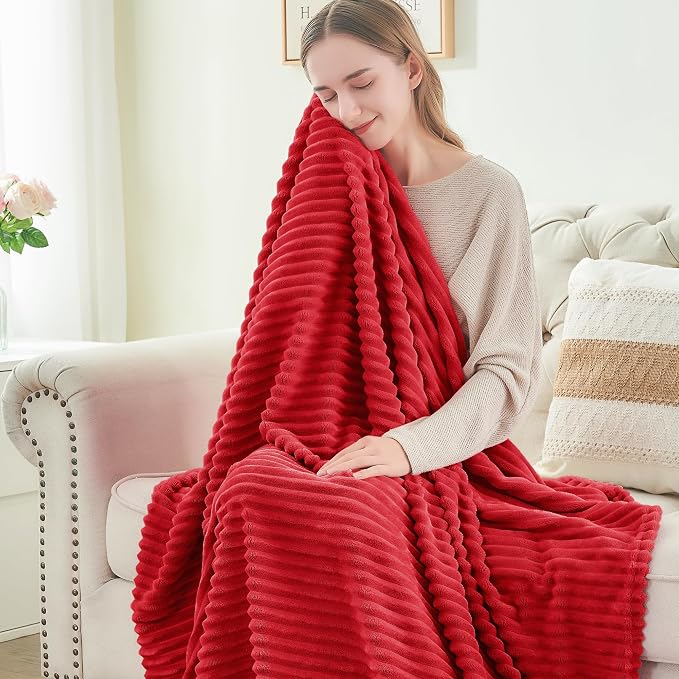 BEDELITE 3D Ribbed Jacquard Red Blankets Queen Size for Bed, 90x90 Inch | Soft Warm Decorative Fluffy Blanket, Cozy Fuzzy Lightweight Plush Fleece Throw Blankets for Bed, Room Decor, Gift for Women