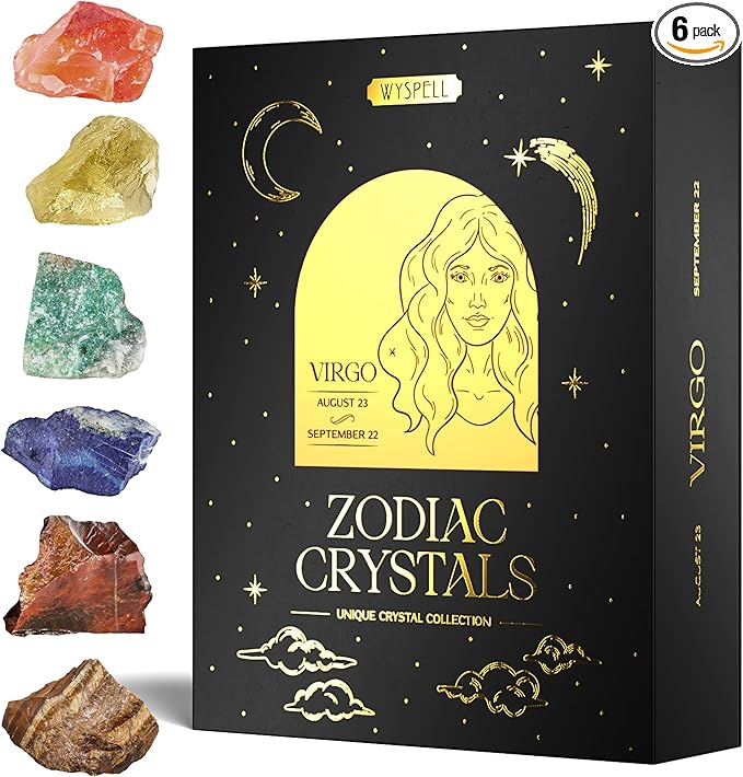 Wyspell Virgo Crystal Set - 6 Raw Virgo Crystals and Healing Stones - Zodiac Gifts for Women - Virgo Birthday Gifts for Women - Astrology Gifts for Women - Zodiac Crystal Set - Healing Gifts