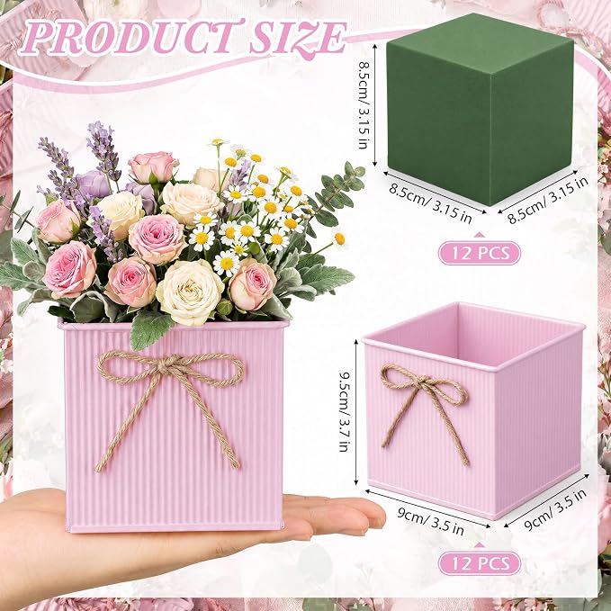12 Pack Galvanized Square Vases with Floral Foam, 3.5 inch Waterproof Rustic Tin Buckets with Twine Bows, Mini Farmhouse Metal Planter Centerpieces for Wedding Party Table Decor(Pink)