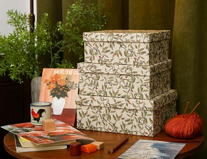 3-Piece Decorative Storage Boxes with Lids, Botanical Leaf & Butterfly Design, Vintage-Inspired Paperboard Keepsake Box Set for Photos, Memories & Decorative Storage