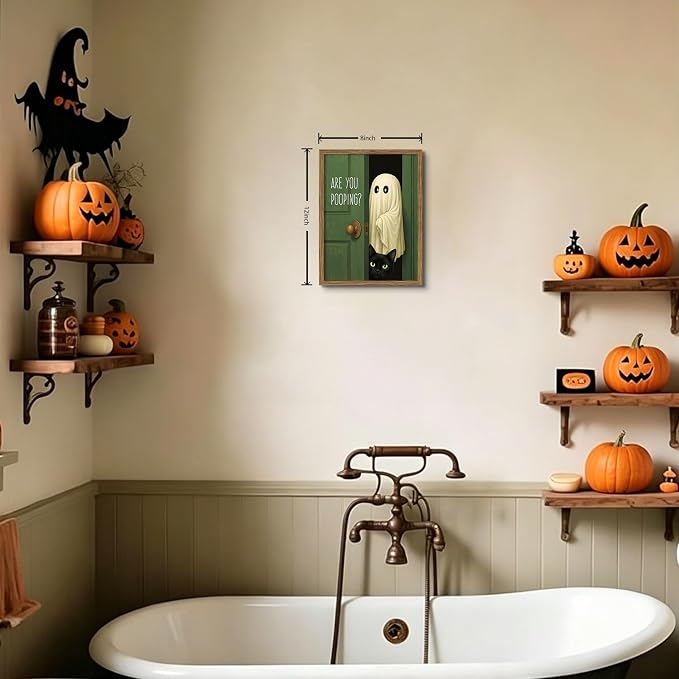 Funny Ghost Cat Halloween Bathroom Wall Art, Cute Ghost Bathroom Halloween Wall Decor Are You Pooping Picture, Vintage Framed Canvas Prints Funny Artwork for Restroom 8x10in Wood Frame