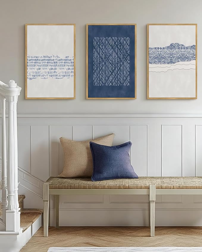 Drsoum Blue Abstract Boho Framed Wall Art Large 16x24in Minimalist Mid-Century Modern Wall Decor Geometric Artwork Kitchen Dining Room Natural Framed