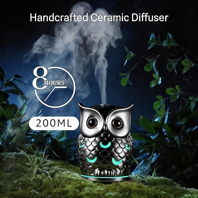 Alieye Ceramic Essential Oil Diffuser, 200ML Handcrafted Ceramic Owl Ultrasonic Cool Mist Aromatherapy Humidifier with 7 Colors LED Waterless Auto Shut Off for Home Office Yoga, Gifts for Mom, Sliver