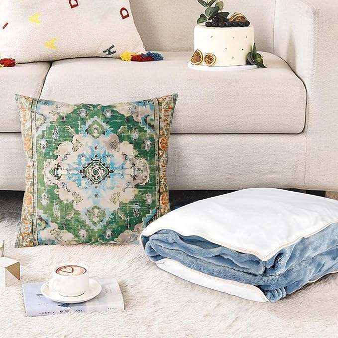 Boho Throw Pillow Covers 18x18 inch Set of 2, Soft Pillowcases Bohemia Carpet Printing Pattern Decorative Sofa Living Room Bed Square Pillow Case Cushion Cover-Green