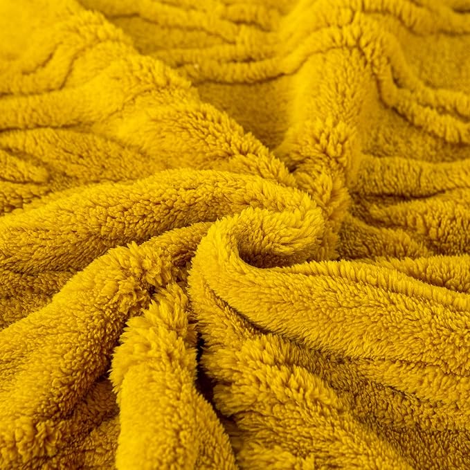 YUSOKI Sherpa Fleece Large Throw Blanket, Mustard Yellow, 50"x65" | 3D Stylish Design,320GSM, Non-Shedding, Lightweight for All Season Use, stays fluffy after repeated washes, Perfect Gifts