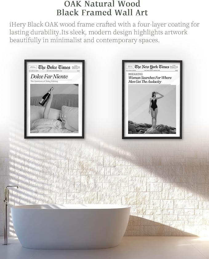 iHery 16x20in Dolce Far Niente Black Framed Newspaper Wall Art | Premium Black Natural OAK Wood Frame with Canvas Print, The Sweetness of Doing Nothing Decor for Bedroom, Living Room 1Pack
