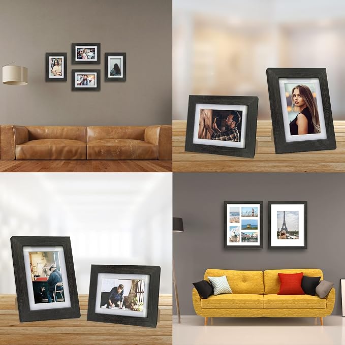 Hongkee 8x10 Picture Frame Set of 4, Made of Real Glass and Rustic Black Wooden Frame, 8 by 10 Photo for Wall or Tabletop - Display Picture 5x7 with Mat or 8x10 Without Mat
