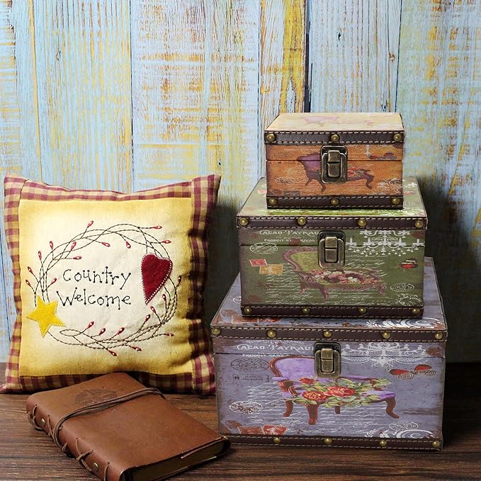 Jolitac Wood Storage Box Set of 3, Vintage Decorative Nesting Boxes Wooden Treasure Storage Crates With Latch, Home Decor Rustic Antique Boxes With Lid for Photos, Jewelry, Cash (Chair)