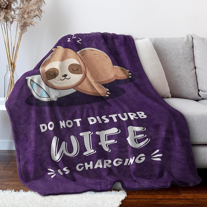 Leebbsin Funny Gifts for Wife, Anniversary Wedding Gifts for Wife | Wife is Charging Sloth Blanket 60" x 50", Purple, Christmas Mothers Day Birthday Gift for Wifey from Husband