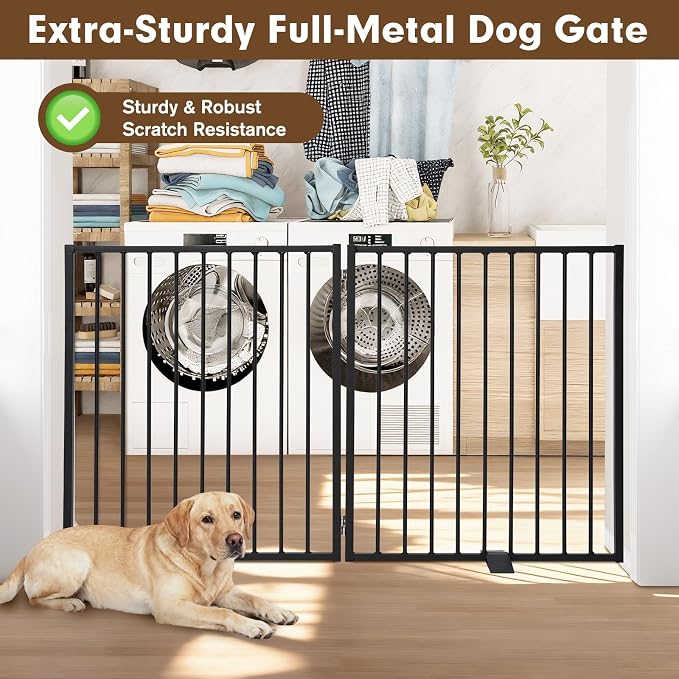 Folding Metal Freestanding Dog Gates Indoor Extra Wide 52" 2 Panels | Heavy Duty Free standing Dog Gate Outdoor - Auto Close, Foldable Pet Fence – Anti-Topple Stability Feet (2 Panels, Black)