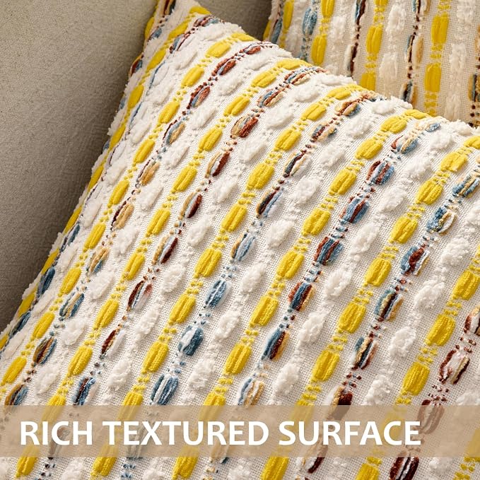 ANRODUO Boho Decorative Pillow Covers Yellow Cream 20x20 Inch Set of 2 | Chenille Tufted Pillow Covers, Woven Throw Pillow Covers with Raised Stripes, Neutral Pillowcase for Couch Sofa Living Room