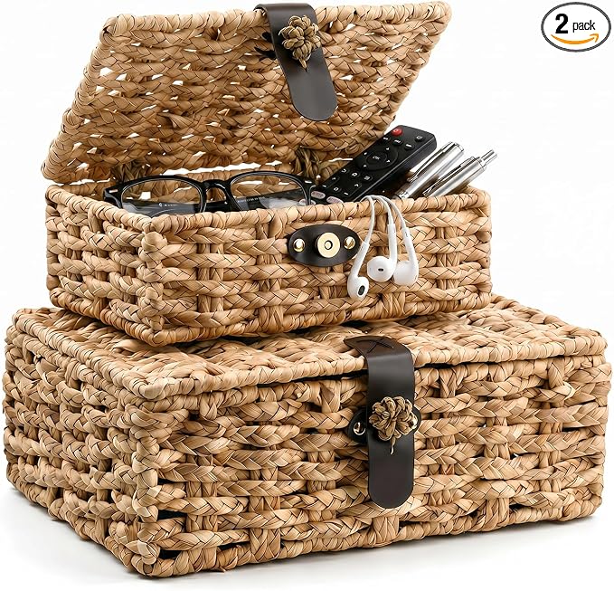Water Hyacinth Wicker Storage Baskets with Magnetic Lids, Set of 2 | 2-Piece handwoven water hyacinth boxes with magnetic lids and metal frames for shelves, coffee tables, and consoles