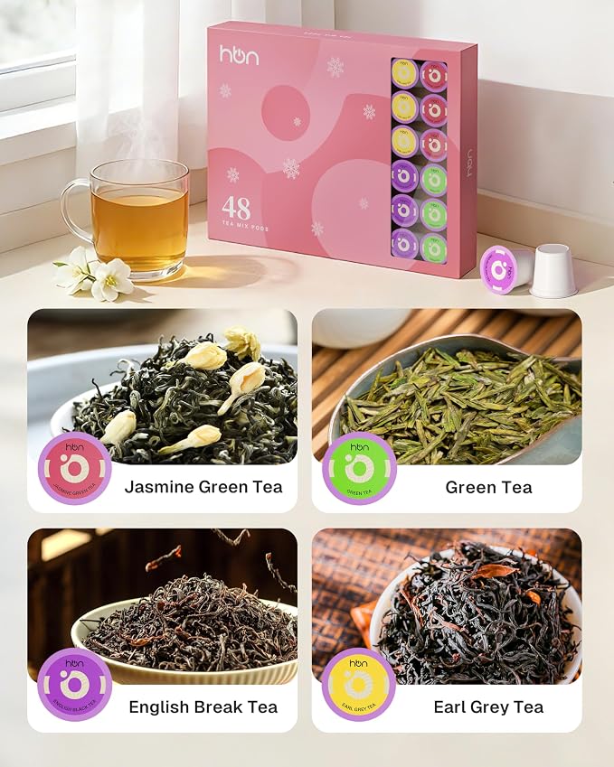 HBN Tea 48-Count Sampler Variety Pack for K-Cup Brewers, Healthy & Energizing Tea Capsules, Gift Box Set (Green, English Breakfast, Earl Grey, Jasmine)