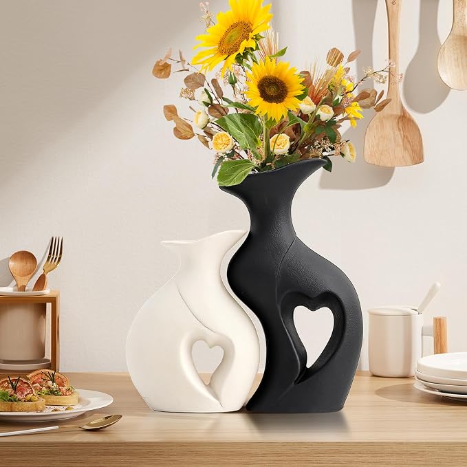 XL Black and White Vase Set of 2, Heart Shaped Ceramic Flower Vase | Home Decor, Minimalist Decorative, Modern, For Wedding Dining Living Room Office Coffee Table Centerpiece H 10.1 inches