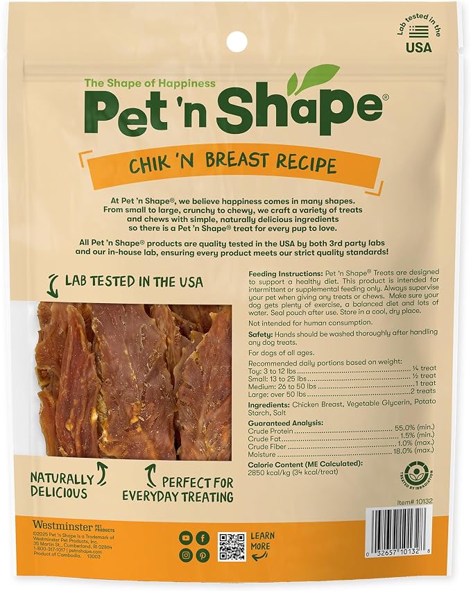 Pet 'n Shape Chik 'n Breast Jerky Dog Treats - 2 Pound | Premium chicken breast recipe, Limited ingredients, Wheat and soy free, Training reward, For all life stages, High protein