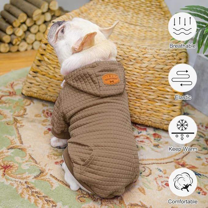 BEAUTYZOO Small Dog Hoodie Sweater with Pockets, Dog Clothes for Small Medium Dogs Boy Girl, Waffle-Like Laminated Cotton Pet Coats with Hat and Leash Hole, Khaki XXS
