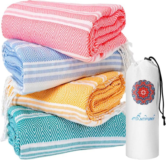 Antfuny 4 Packs Turkish Beach Towels Oversized Swim Set Bulk Quick Dry Bath Pool Sand Free Extra Large XL Big Blanket Adult Travel Essentials Cruise Accessories Must Have Clearance Vacation Stuff