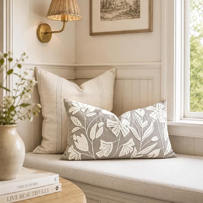 Lumbar Pillow Cover 12x20 Inch, Light Gray Floral Tufted Velvet Decorative Accent Pillow Case for Sofa Bed Living Room, Cover Only