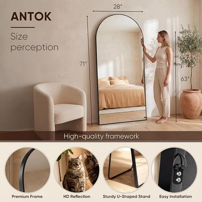 Antok 71" x28” Arched Full Length Floor Mirror, Black Aluminum Frame, Free Standing/Wall Mount/Leaning for Bedroom, Living Room, Dressing Room