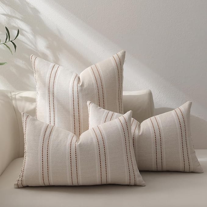Hckot Fall Throw Pillow Covers 12x20 Set of 2 Striped Pillow Covers Textured Linen Decorative Pillows Square Cushion Covers for Sofa Couch Bed Living Room Farmhouse Decor(Caramel)